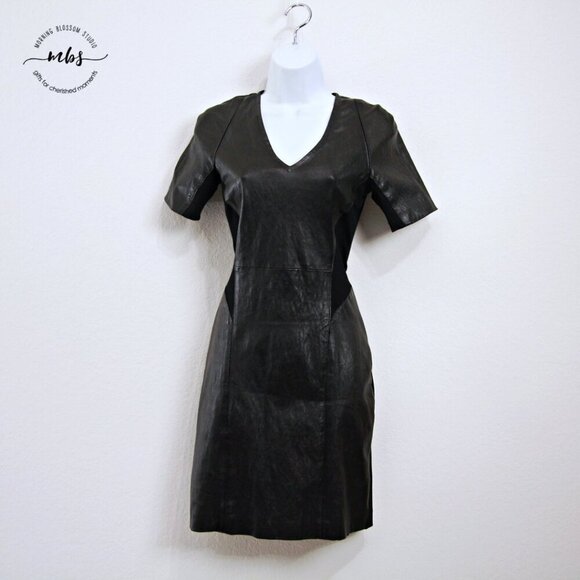 Theory Serto Lambskin Leather Textile Sheath Mini‎ Dress Black Women 6 - Picture 2 of 10